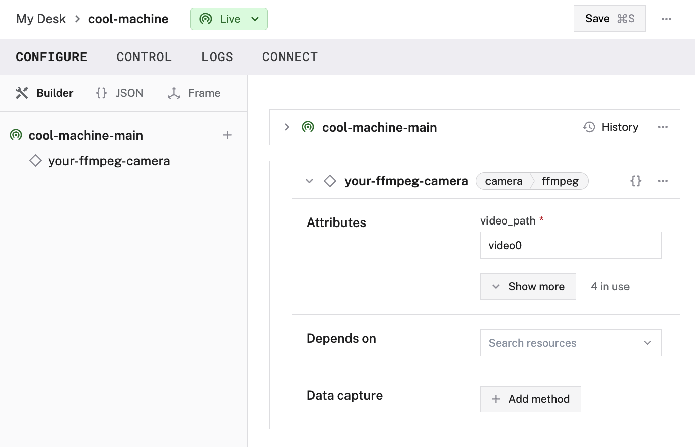 Configuration of a ffmpeg camera in the Viam app config builder.