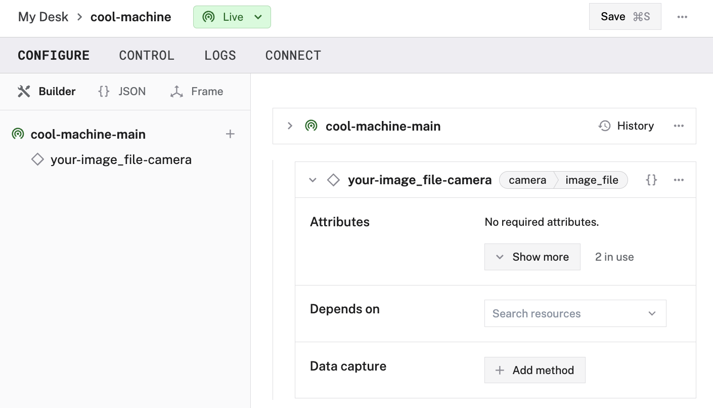 Configuration of an image file camera in the Viam app config builder.