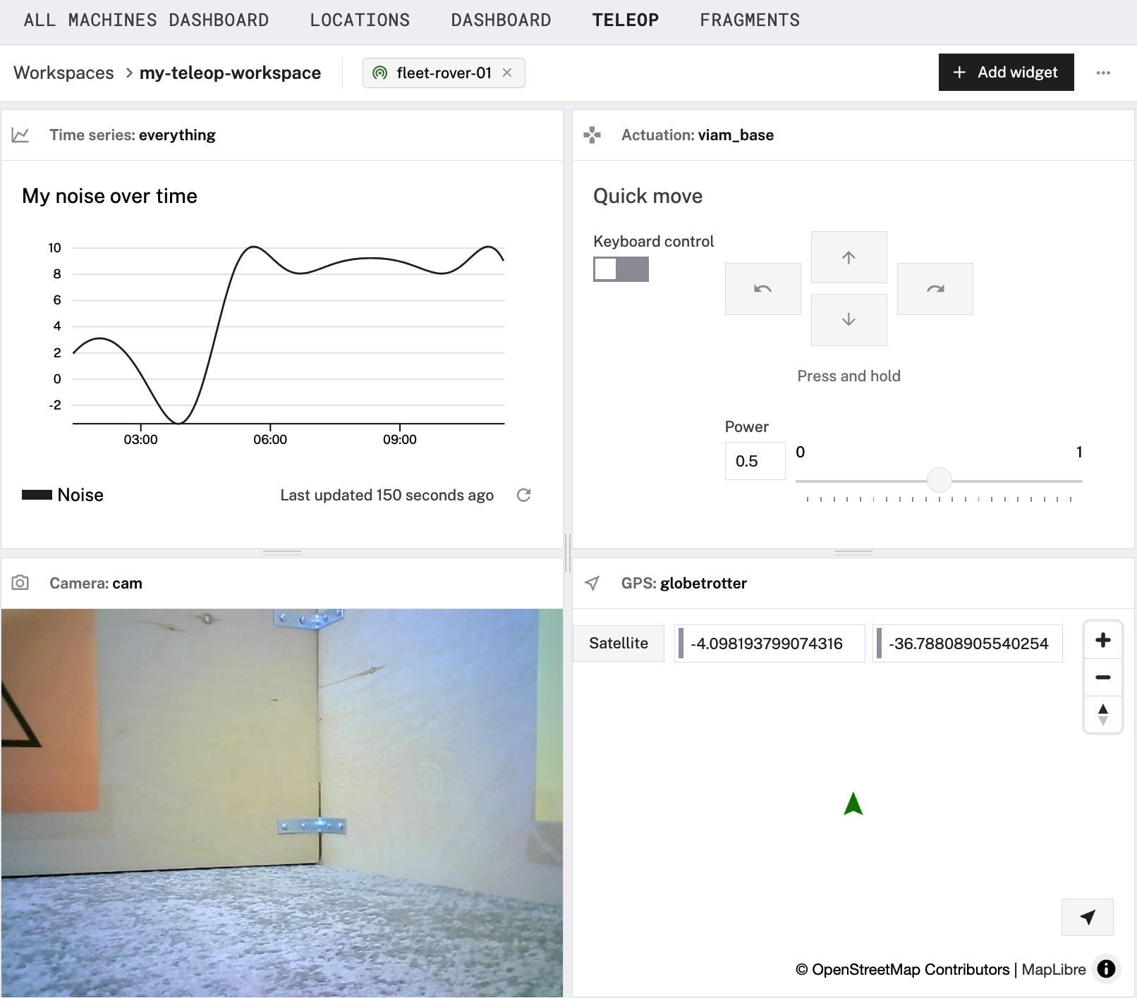 Teleop workspace with values configured for each of the four widgets on monitor mode.