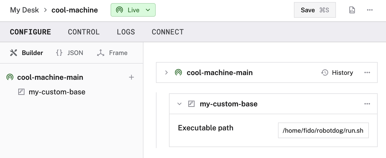 Screenshot of the Viam app Config tab with the Modules subtab open, showing my-custom-base configured.